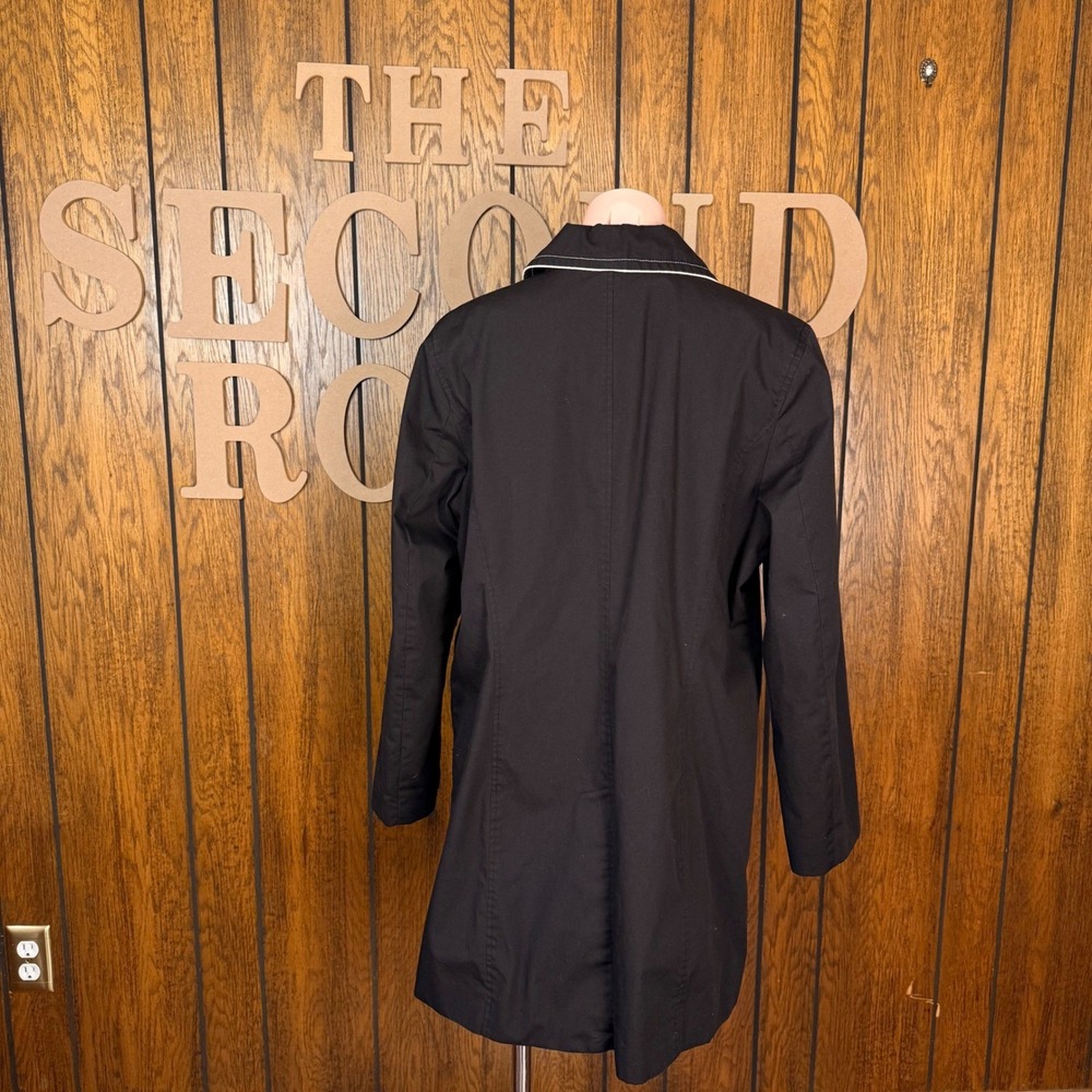 Y2K Black Trench Coat Dennis Basso Women L Contrast Piping Preppy Mod Minimalist - Picture 5 of 6